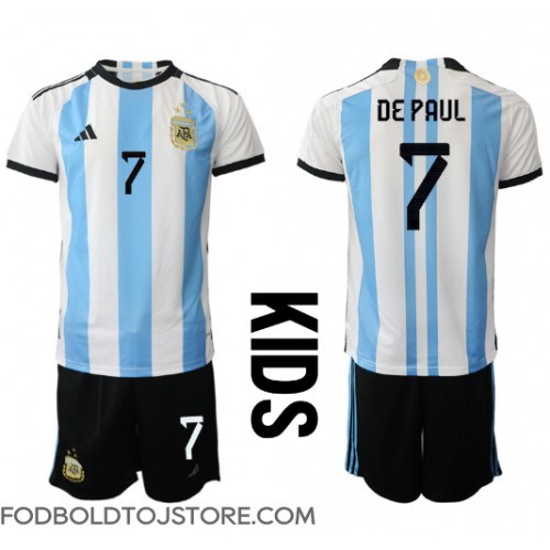 Argentina Rodrigo de Paul #7 Hjemmebanesæt Børn VM 2022 Kortærmet (+ Korte bukser)
